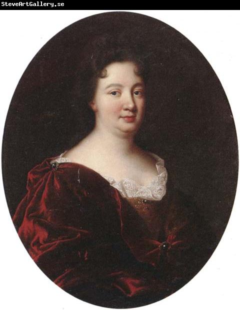 unknow artist Portrait of a landy,said to be marie de pontchartrin,half length,wearing a red velvet mantle over a gold braided dress and lace shirt